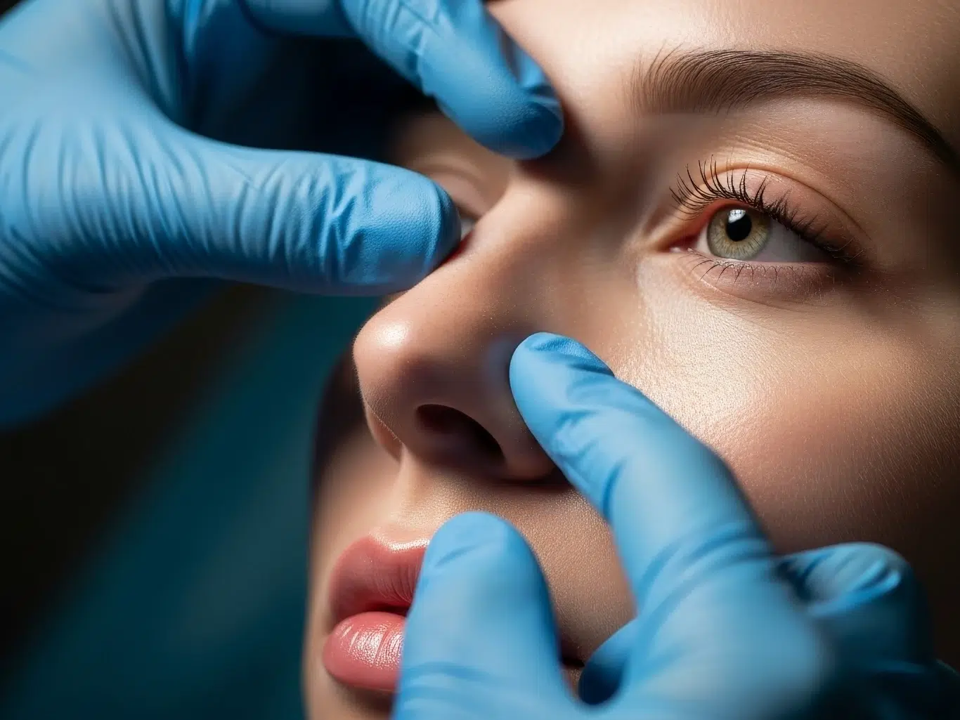 Face mapping for beauty procedure The close up shot focuses on the nose and eyes of the patient